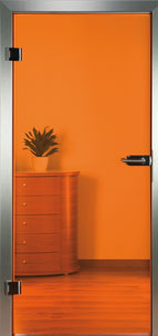 Glastür Modell 9105 Orange, VSG aus ESG Kristall klar, mit innenliegender, transluzenter, farbiger Folie
