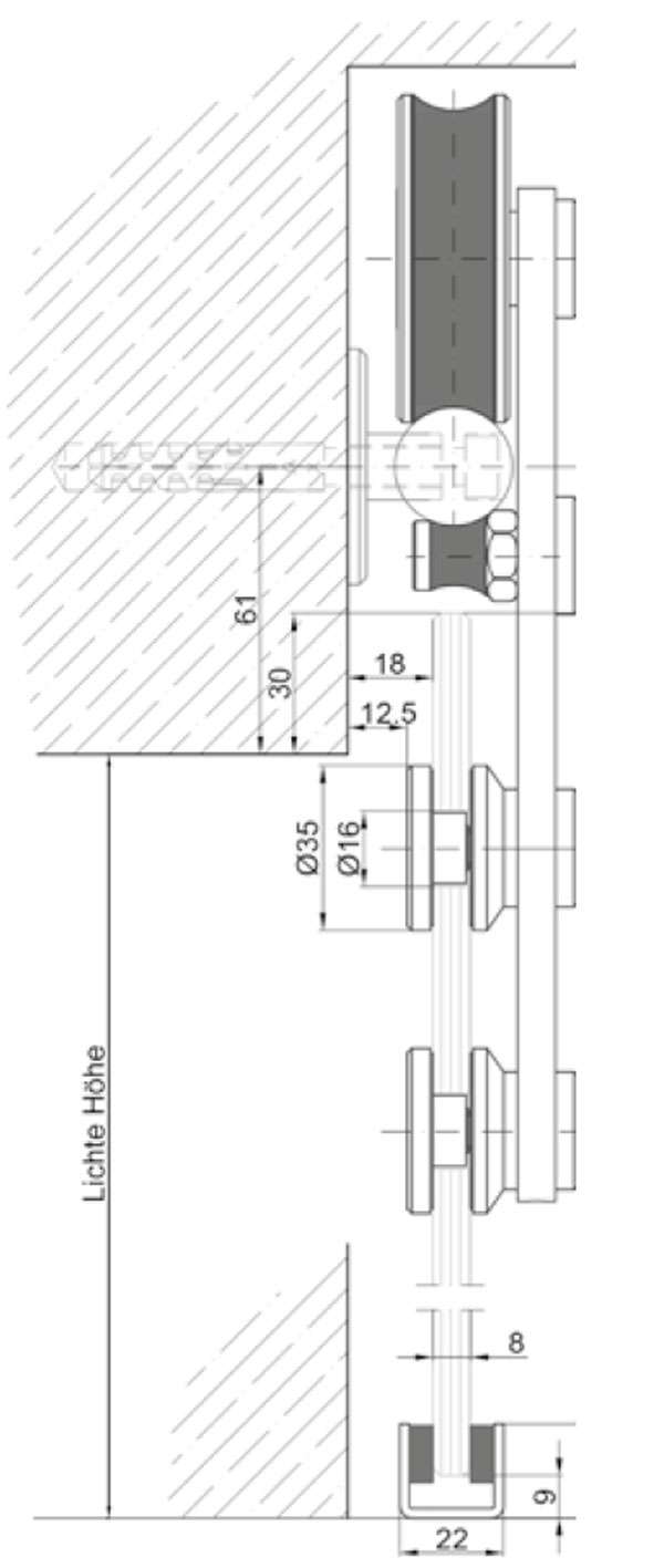 Querschnitt Glasschiebetür Loft LSD 3 Edelstahl