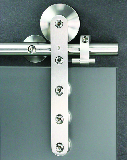 Glasschiebetürbeschlag MWE Klassik Aktions-Edition, offener Edelstahl-Rollenbeschlag Detailaufnahme - www.ganzglastuere.de