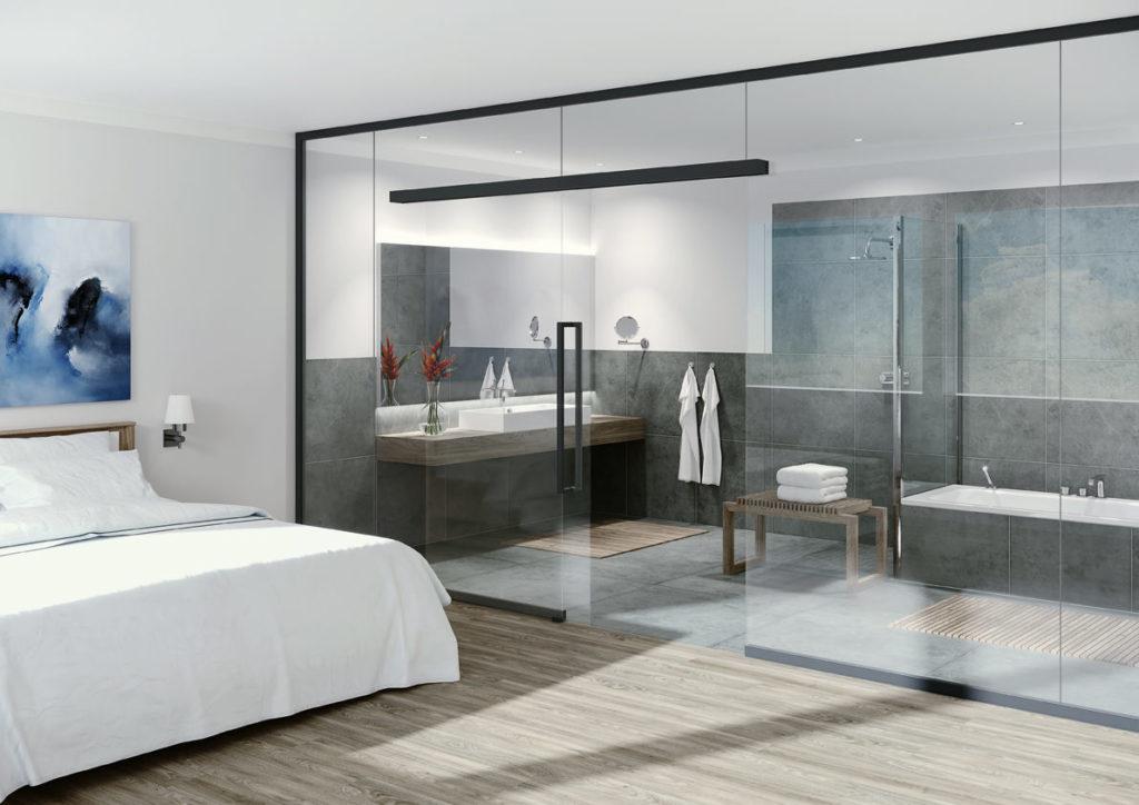 Uniquin Glasanlagen Glastrennwandsystem von dormakaba, Design und Schallschutz Einsatzbereich Bad - www.ganzglastuere.de