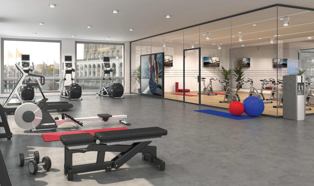 Uniquin Glasanlagen Glastrennwandsystem von dormakaba, Design und Schallschutz z.B. im Fitnessstudio - www.ganzglastuere.de